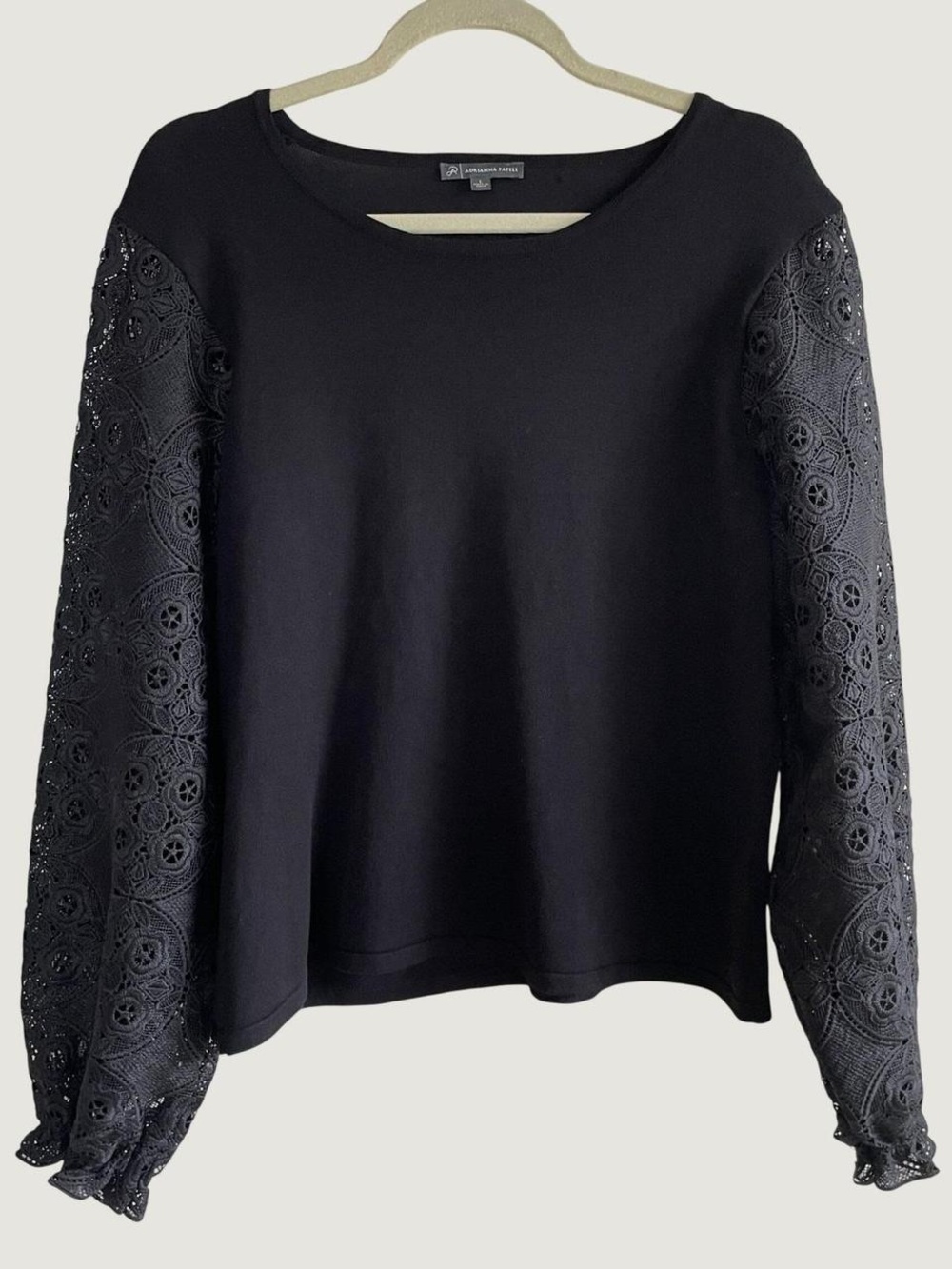 Adrianna Papell Black Eyelet Lace Sleeve Sweatshirt